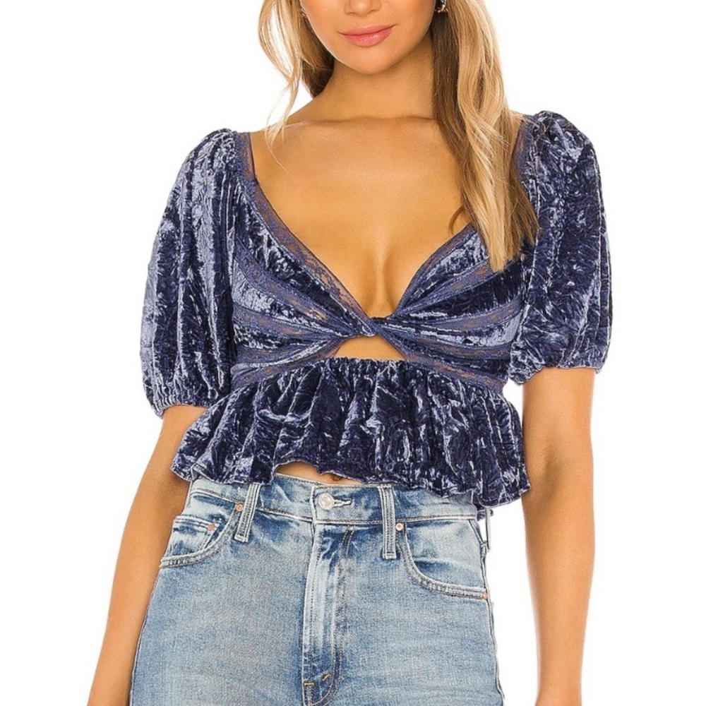 Free People, small, yours truly blue velvet crop top with lace trim